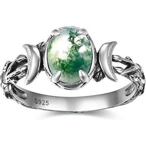 Moss Agate-Oxidized Silver Triple Moon Rings 925 Silver Phase Rings